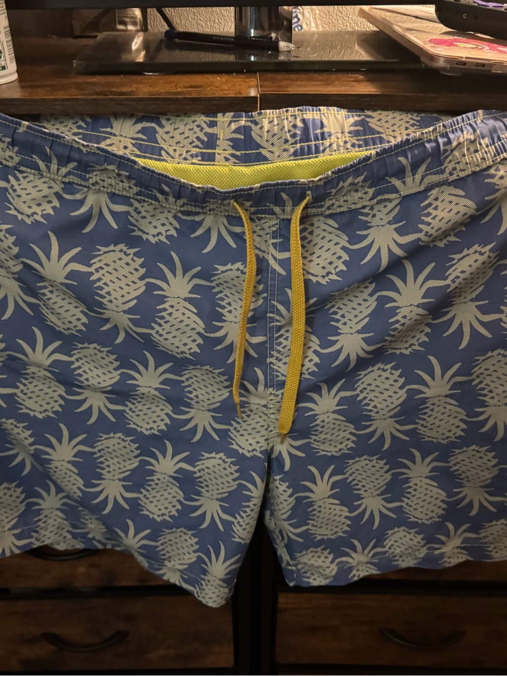 Men's Blue Pineapple Print Swim Trunks with Yellow Drawstring Size Large
